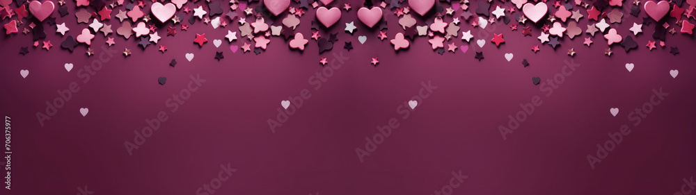 Closeup of frame of purple hearts and stars in purple background banner, love, romance, valentine, wedding, card design