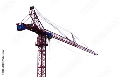 Tall building crane with long yellow arrow on transparent background. The machine is working outdoors. (Emphasis on specific points