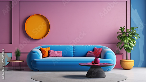 Vibrant Living: Colorful Pop Art Home Interior with Blue Sofa and Round Pink Table