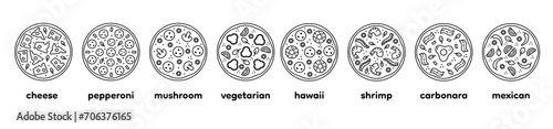 Set tasty pizza  line icon. Pizzeria delivery service. Editorial stroke. Carbonara, cheese, salami, pepperoni, mushroom, hawaii, shrimp, seafood,  mexican.