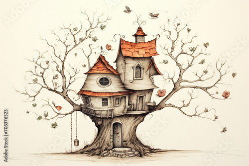 Enchanted Treehouse Illustration in Whimsical Hand-Drawn Style