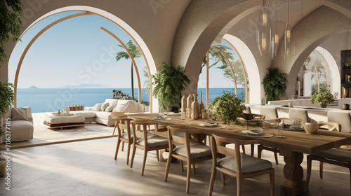 Mediterranean Serenity: Arched Ceiling in Modern Coastal Dining Room © pierre