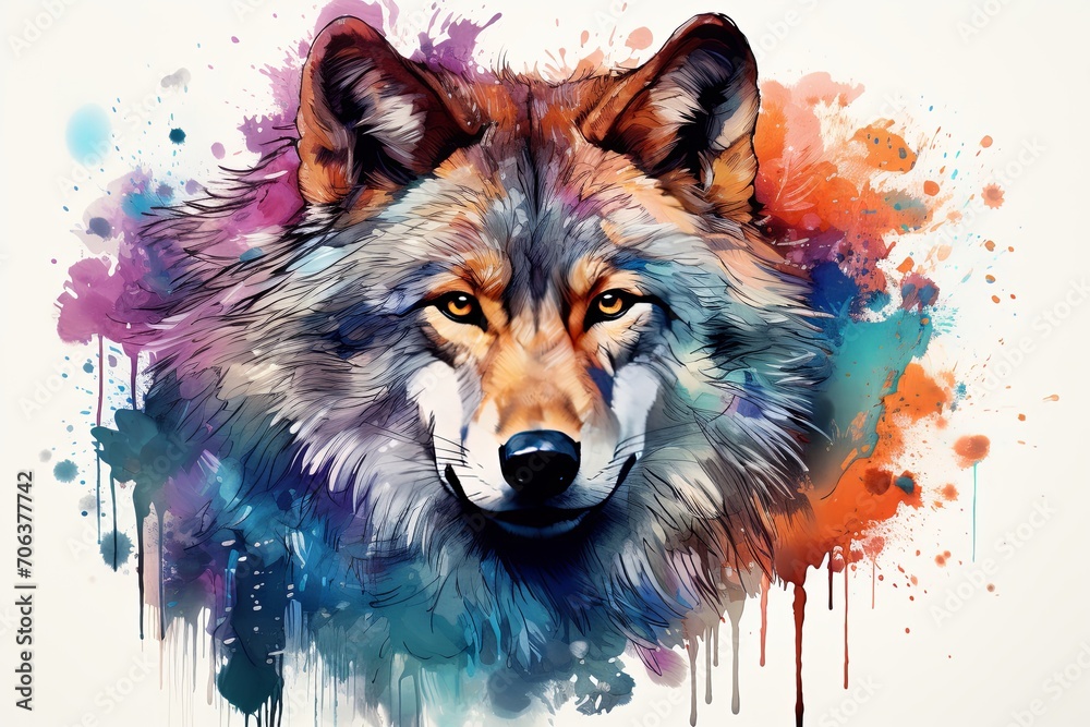 Fototapeta Watercolor wolf clipart on white background
