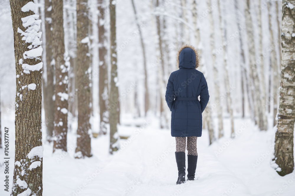 Young adult woman walking on fresh white snow at birch tree forest in beautiful cold winter day. Spending time alone. Back view. Peaceful atmosphere in nature.