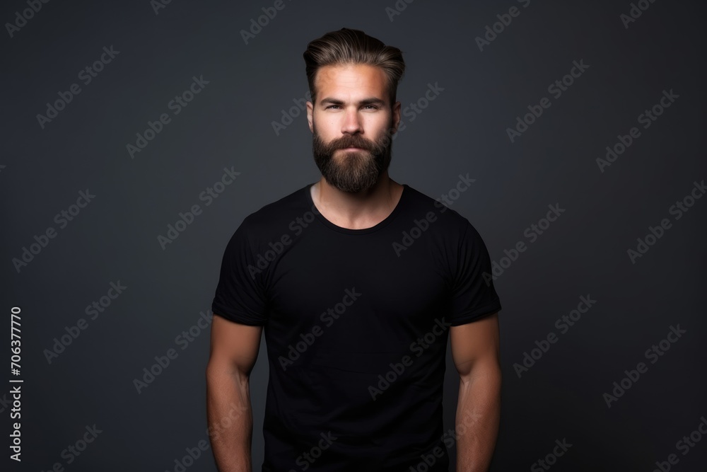 Hipster man model with beard wearing black t-shirt mockup. Men's t-shirt template design and layout for print.