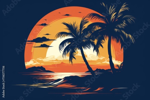 T-shirt logo design of beach with palms and sunset
