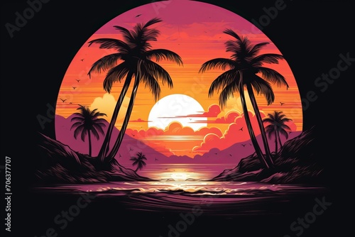T-shirt logo design of beach with palms and sunset © Constantine M