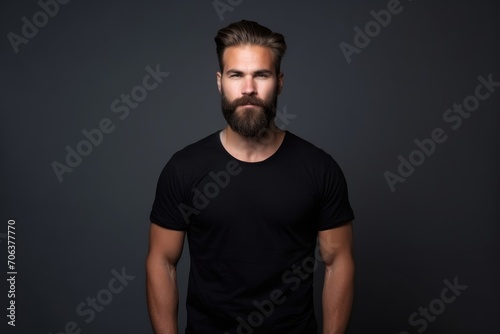 Hipster man model with beard wearing black t-shirt mockup. Men's t-shirt template design and layout for print.
