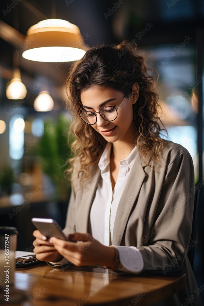 Mujer de negocios en la oficina. Mujer ejecutiva vestida con ropa de negocios de pie fuera de la sala de reuniones moderna y la comprobación de los datos en el teléfono movil. Mujer de negocios en la oficina. Mujer ejecutiva vestida con ropa de negocios de pie fuera de la sala de reuniones moderna y la comprobación de los datos en el teléfono movil.