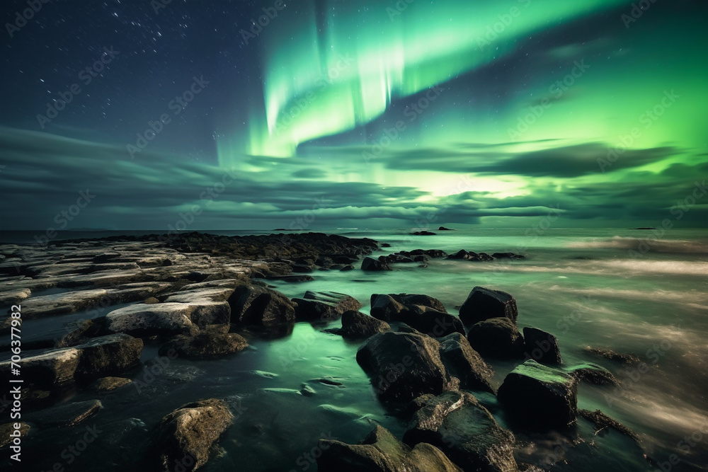 Aurora borealis by the sea with stony shore, generative ai