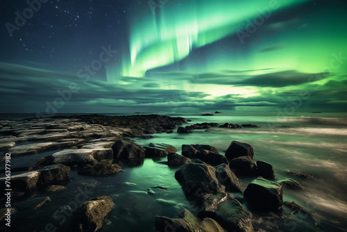 Aurora borealis by the sea with stony shore, generative ai © darekb22