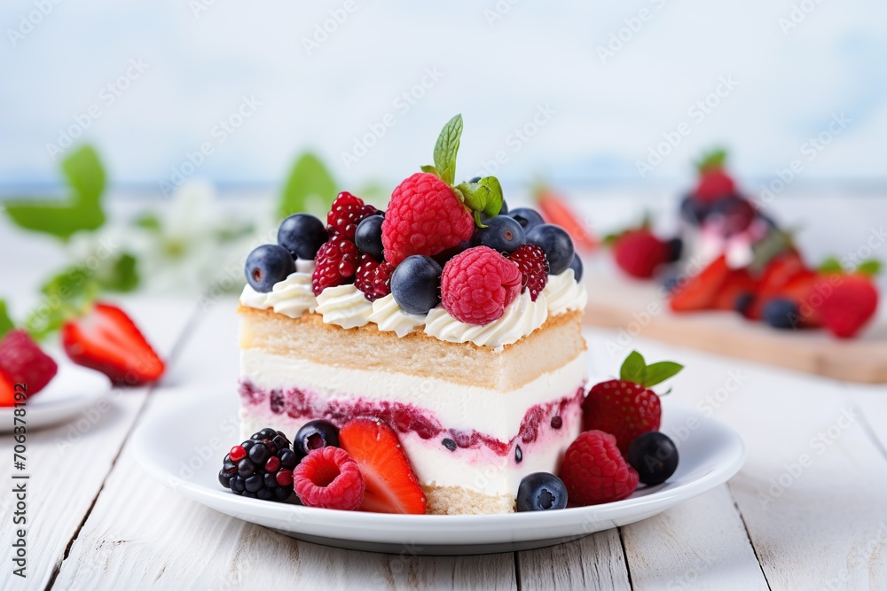 Piece of cake with berries on wooden background Piece of cake with berries on wooden background