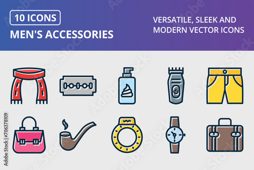 Men's Accessories Thick Line Filled Dark Colors Icons Set