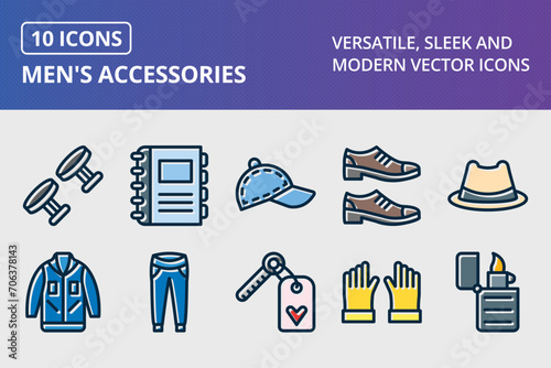Men's Accessories Thick Line Filled Dark Colors Icons Set