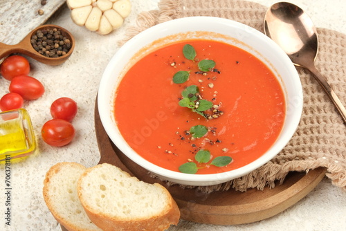 a bowl of tomato soup,vegan dish on white background	