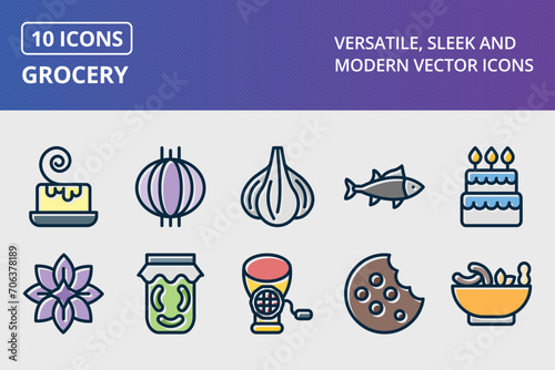 Grocery Thick Line Filled Dark Colors Icons Set