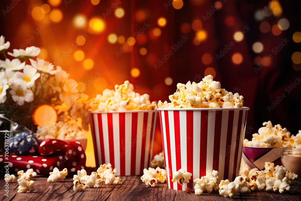 Paper cups with popcorn on blurred background Paper cups with popcorn on blurred background