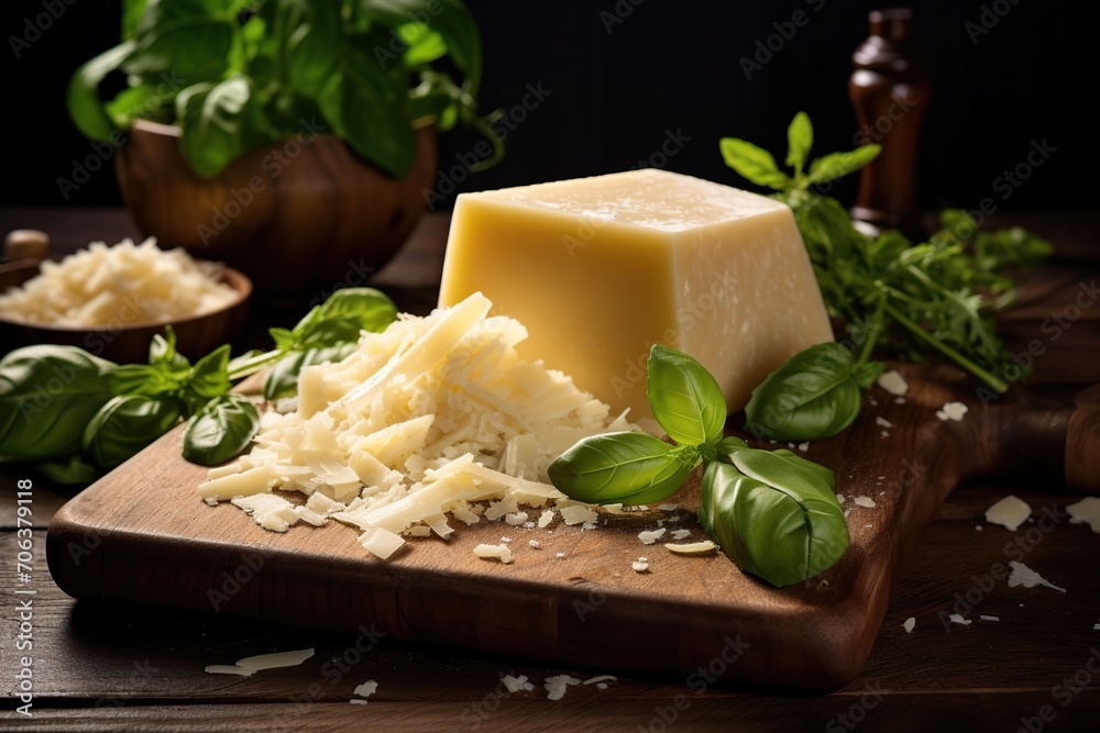 Piece of parmesan cheese on wooden background