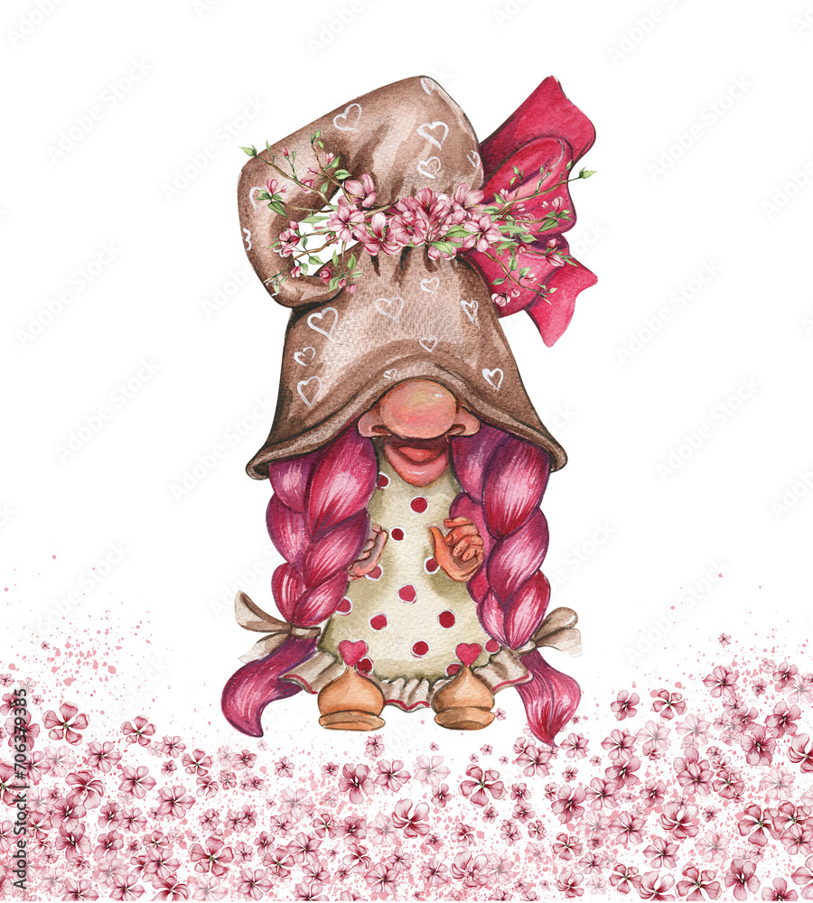 Composition with Valentines Nordic gnomes, Scandinavian gnomes and flowers. Cute valentine's day postcard. Watercolor elements for birthday,cake, holiday celebration design, greetings card,invitation.