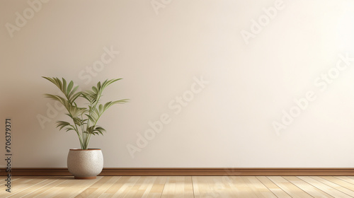 Natural Tranquility  3D Rendering of Room with Wooden Paneling  Beige Stucco Wall  and Pot with Grass