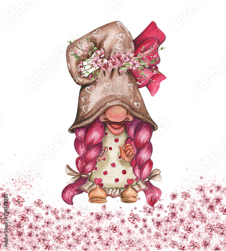 Composition with Valentines Nordic gnomes, Scandinavian gnomes and flowers. Cute valentine's day postcard. Watercolor elements for birthday,cake, holiday celebration design, greetings card,invitation.