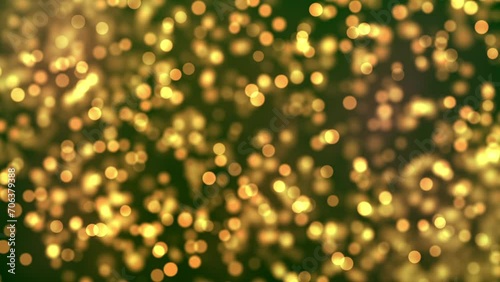 Dynamic video background of shimmering golden polka dots on blurred green Christmas tree festive background, dynamic video background of sparkling golden polka dots, dynamic video background of festiv photo