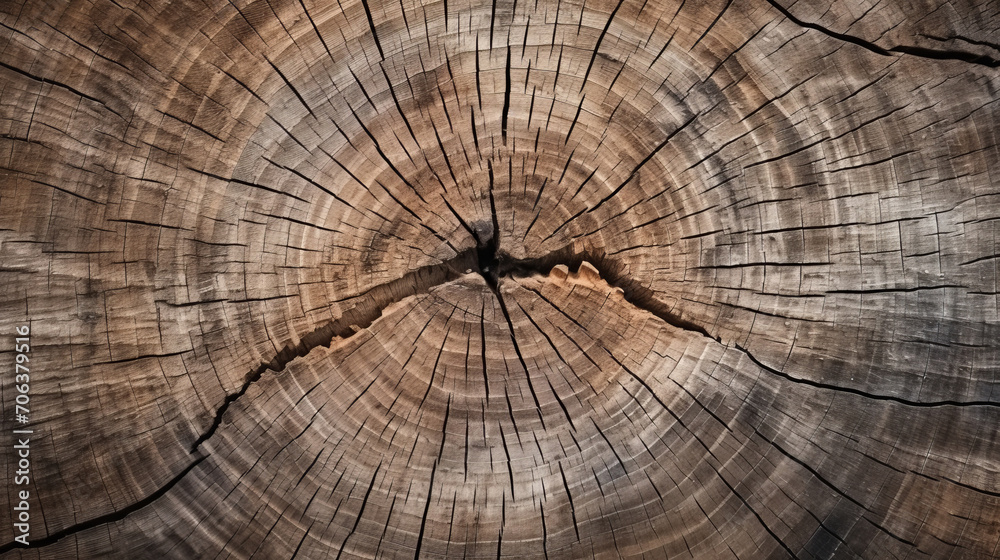Fototapeta premium old wooden cut tree stump trunk pattern texture with circular annual rings, cross section of the tree