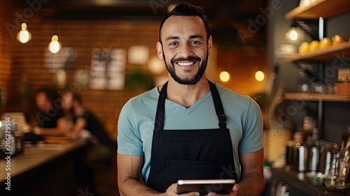portrait of waiter smiling on tablet in restaurant, cafe or coffee shop for motivation, success or goal mindset. Happy employee, worker or technology startup for growth, management or trust