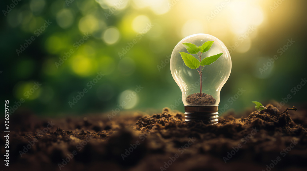 A tree growing in an energy efficient light bulb, the concept of environmentally friendly and sustainable energy options. - obrazy, fototapety, plakaty 