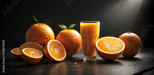immagine con frutti d'arancia interi e a fette e bicchiere con spremuta, tavolo in legno con sfondo scuro illuminato photo