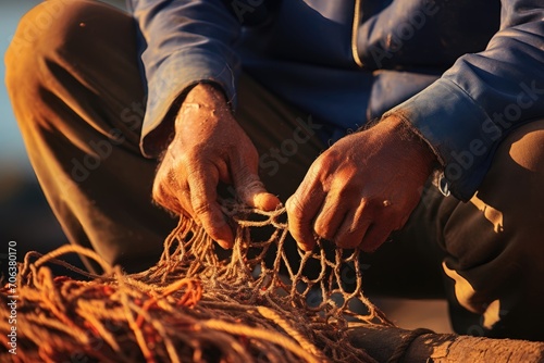 An elderly fisherman expertly mending a fishing net with his weathered hands. photo