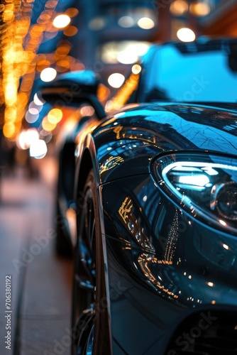 A detailed view of a car parked on a bustling city street. This image can be used to depict urban life and transportation © Fotograf
