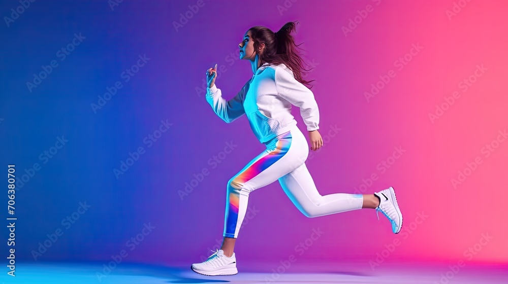  Determined Sporty Woman Running In Mid - Air Exercising During Cardio Workout Over Pink And Blue Neon Studio Background, Wearing White Fitwear. Fitness And Sport Concept. Side View.