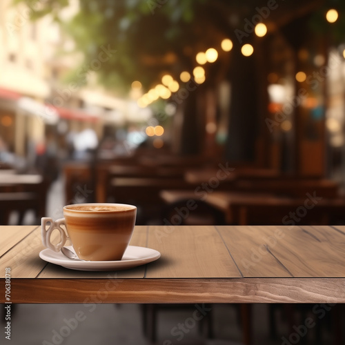 Transport yourself to the heart of a bustling café, where the inviting warmth of a wooden table takes center stage against the blurred backdrop of a vibrant coffee shop or bar. 
