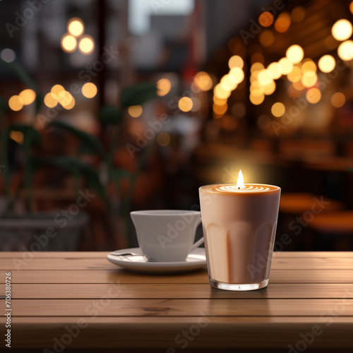 Transport yourself to the heart of a bustling café, where the inviting warmth of a wooden table takes center stage against the blurred backdrop of a vibrant coffee shop or bar. 
