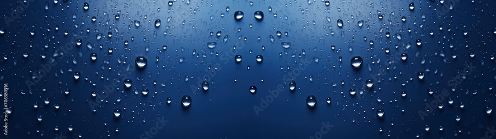 Closeup of single water drops in dark blue background banner, abstract texture of raindrops