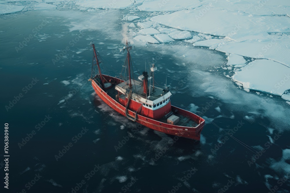 Aerial view of a red fishing boat in frozen waters Aerial view of a red fishing boat in frozen waters