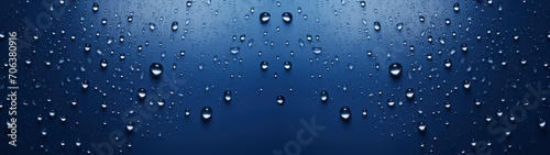 Closeup of single water drops in dark blue background banner, abstract texture of raindrops