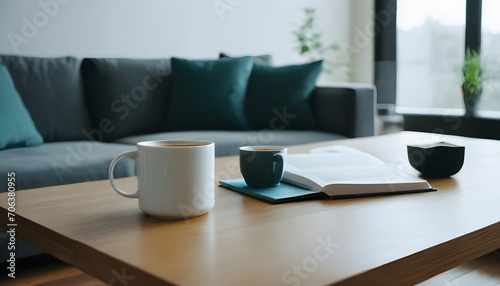 Book and coffee mug kept on table in living room © Antonio Giordano