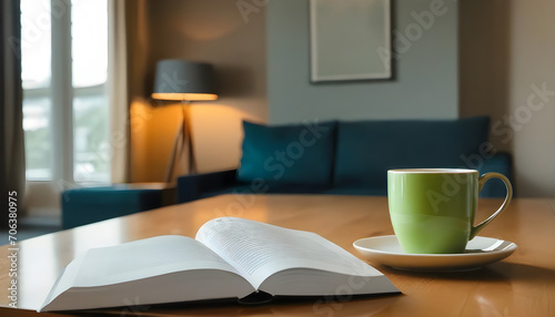 Book and coffee mug kept on table in living room