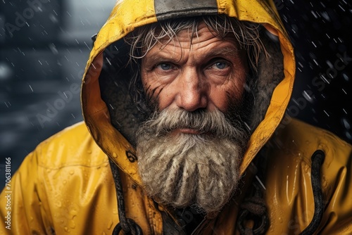 Weathered fisherman in a yellow raincoat. photo