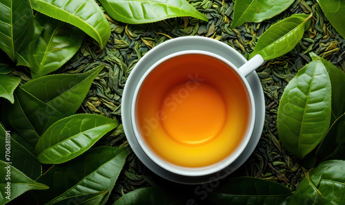 top view of green leaves with moringa tea 