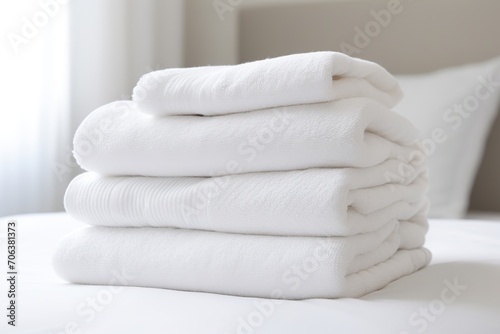 Stack of white folded towels on white bed © Alina