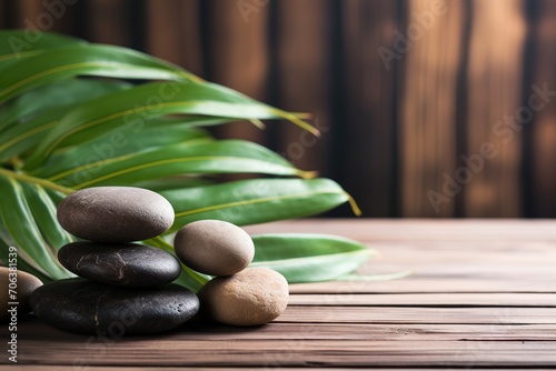 Spa stones with palm leaves on wooden background