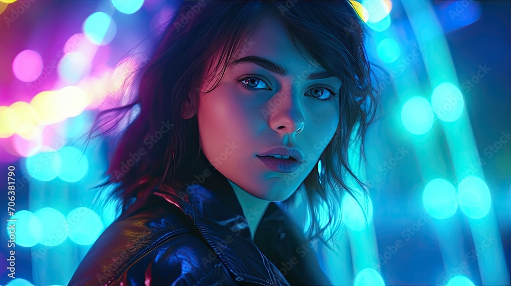 Young woman looking at the camera in the neon light of the club. Camera zoom. Young woman looking at the camera in the neon light of the club. Camera zoom.