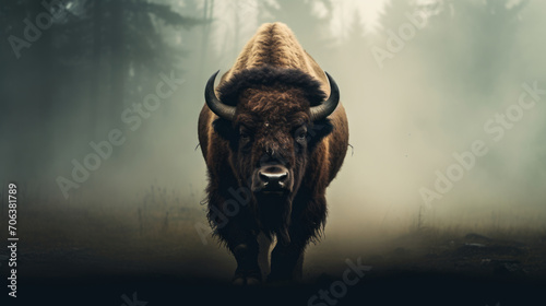Lonely bison in the forest in the thick fog photo