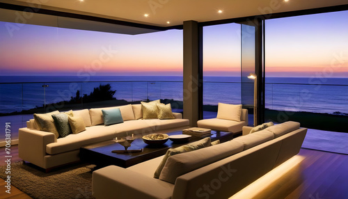 Home showcase interior living room with ocean view at dusk © Antonio Giordano