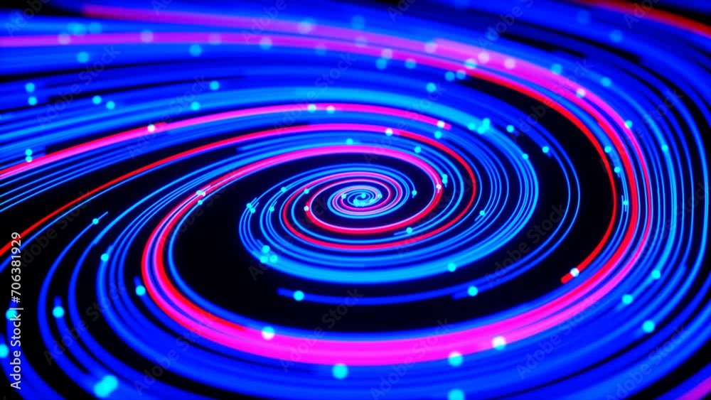Abstract glowing lines of blue and red colors twist into a spiral, 3D animation