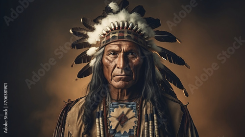 A face of an old Native American Indian in full headdress photo