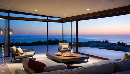 Home showcase interior living room with ocean view at dusk © Antonio Giordano